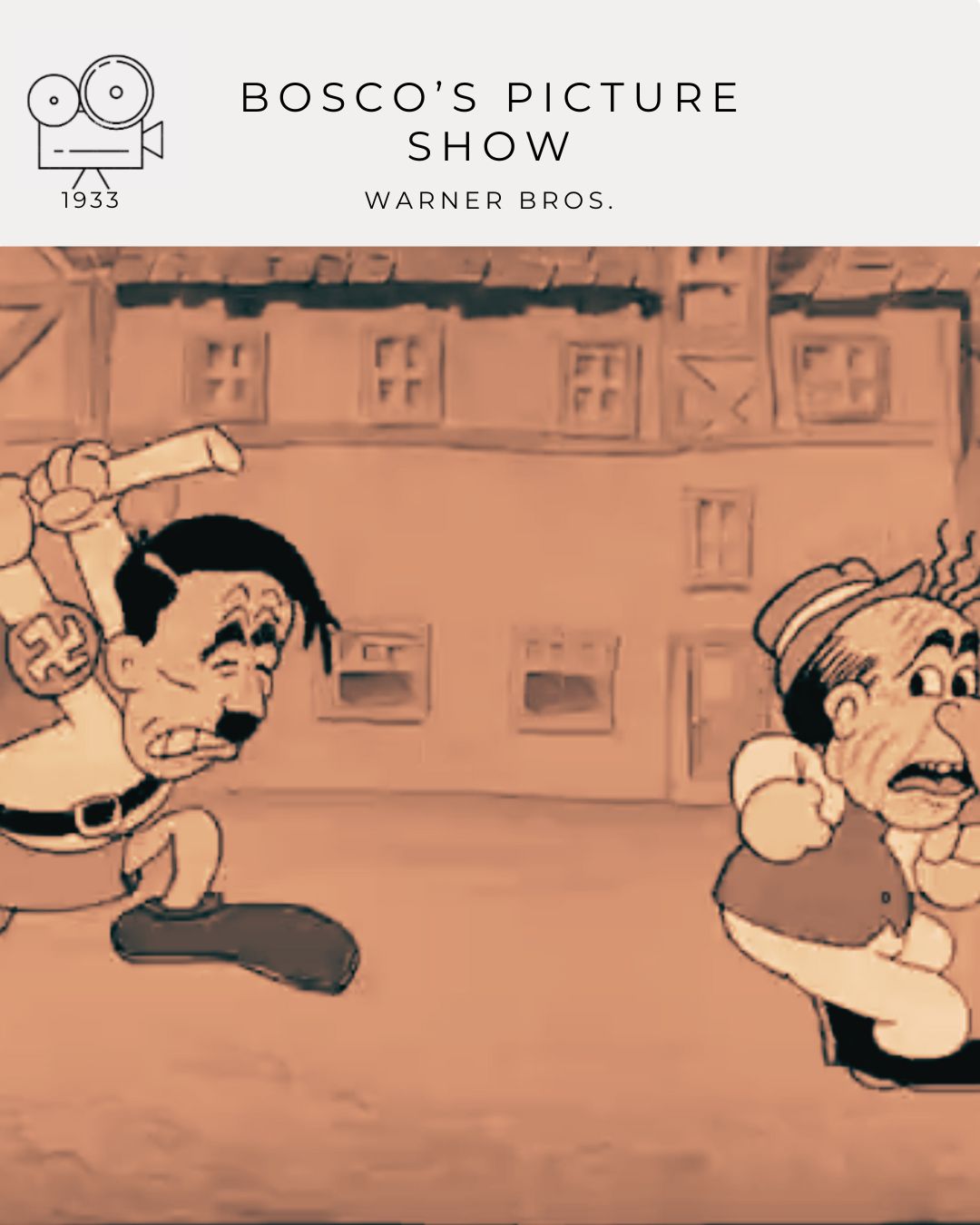 Explore Bosko’s Picture Show (1933), the final Bosko cartoon for Warner Bros., featuring movie parodies, meta humor, and one of the earliest animated depictions of Adolf Hitler.